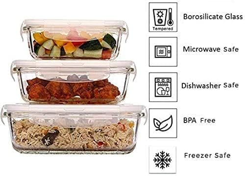 Femora Borosilicate Rectangular Glass Food Storage Container With Air Vent Lid-Set Of 3 Pcs - (400ml, 620 ml, 1000 ml)