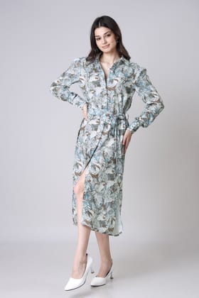 Women's Abstract Floral Tie-Belt Shirt Dress-XXS / Grey / DR008-DPMG000139-2.5 MTR-NIL-NIL-NIL-NIL-THY01-FS001-NIL-BT002-15-NIL-NIL-NIL