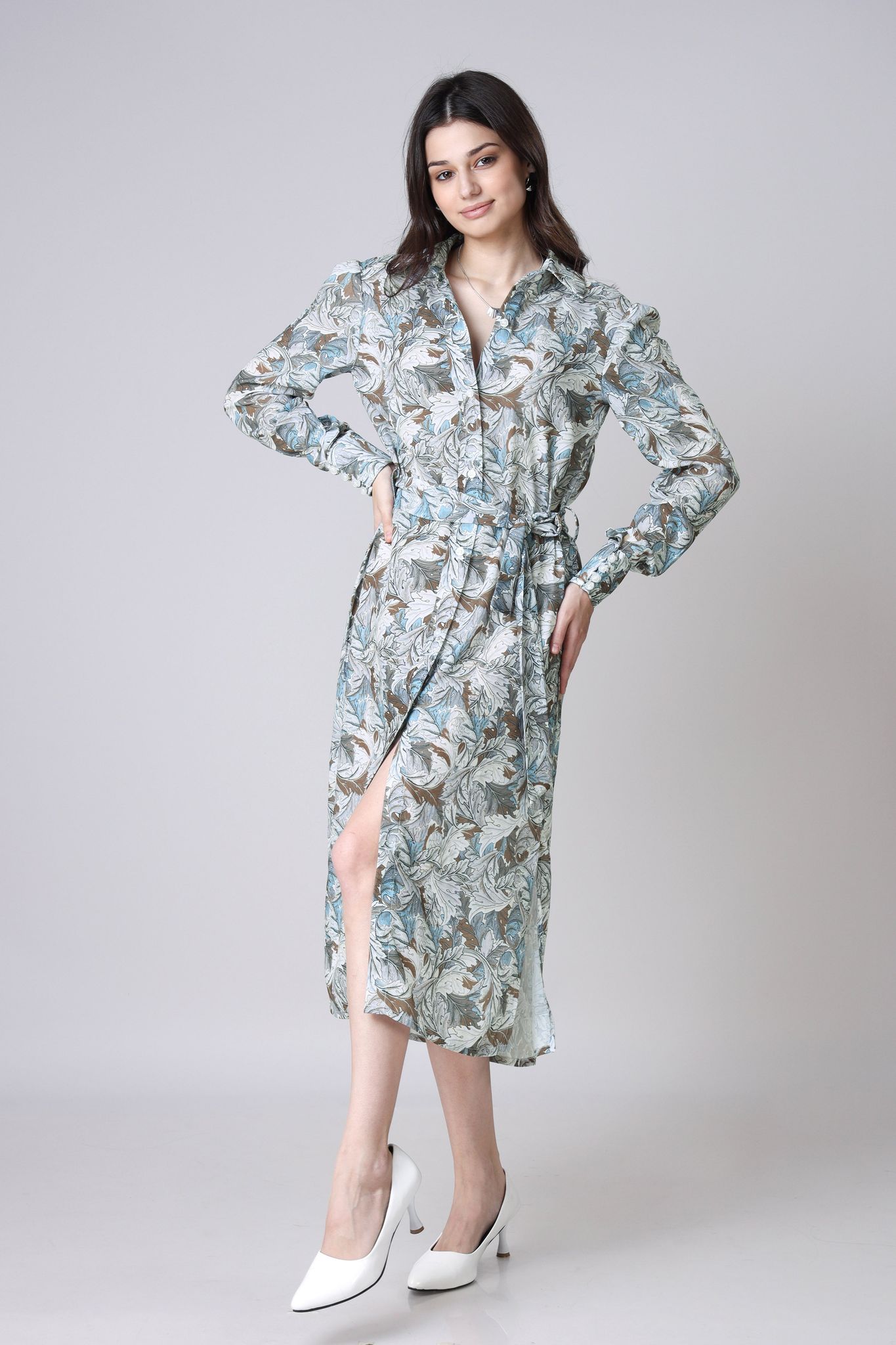 Women's Abstract Floral Tie-Belt Shirt Dress-XXS / Grey / DR008-DPMG000139-2.5 MTR-NIL-NIL-NIL-NIL-THY01-FS001-NIL-BT002-15-NIL-NIL-NIL