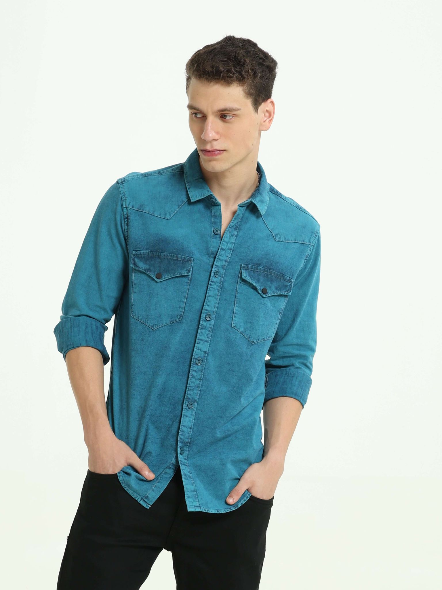 Denim Indigo Teal over dyed casual shirt-XXL