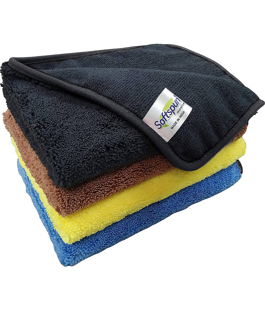 SOFTSPUN Microfiber High Loop, Silk Banded Edge, Cloth 40x40 Cms, 4 Piece Towel Set, 380 GSM (Multi-Color) Thick Lint & Streak-Free Multipurpose Cloths.
