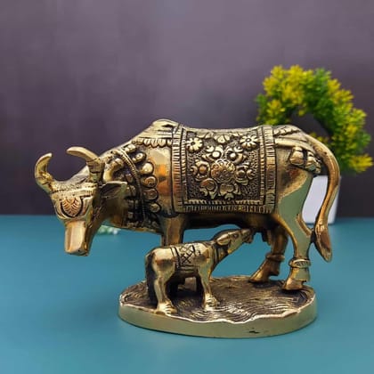 Brass Kamadhenu Cow and Calf - 4 inch Height | Sacred Brass Figurine for Blessings and Abundance
