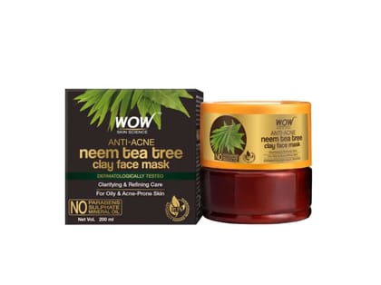 WOW Anti-acne Neem & Tea Tree Clay Face Mask For Refreshing & Refining Acne Prone Skin - For All Skin Types - 200ml