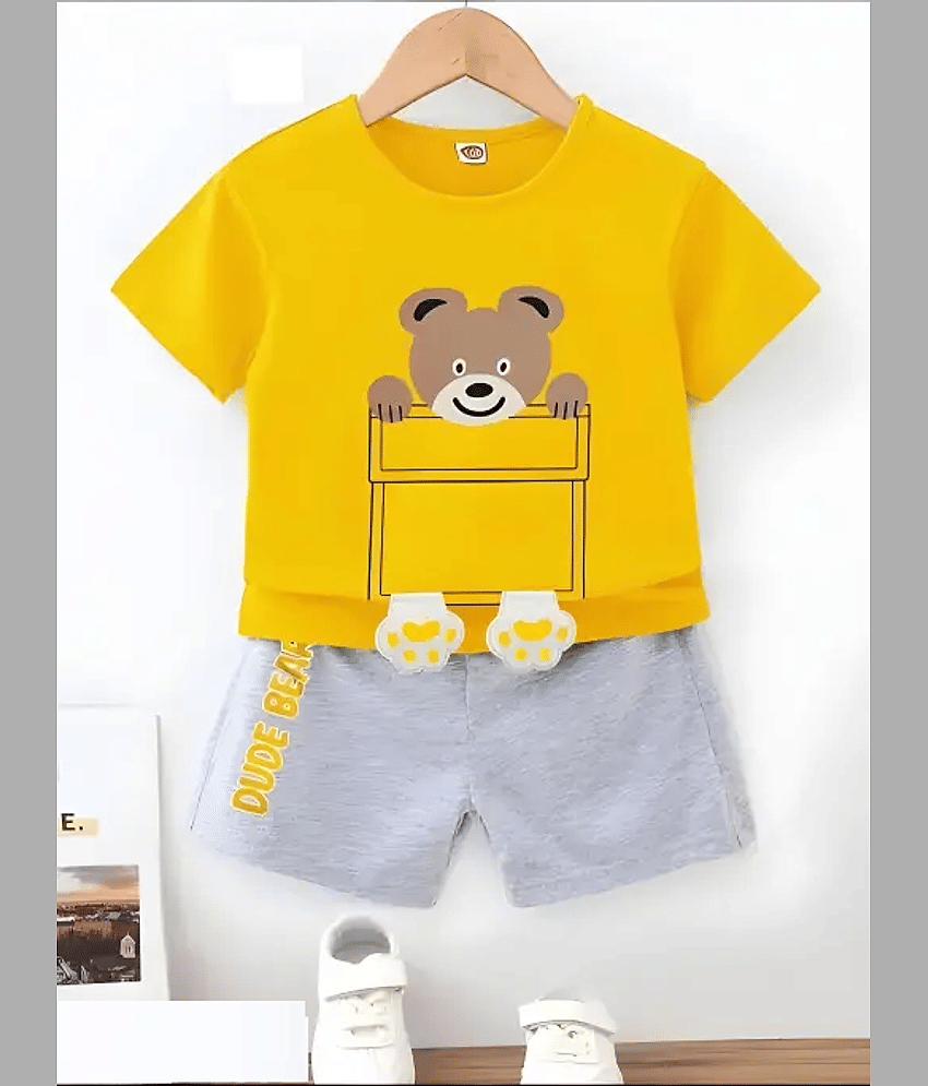 VELION Pack of 1 Boys Cotton Blend T-Shirt & Shorts Set ( Yellow )