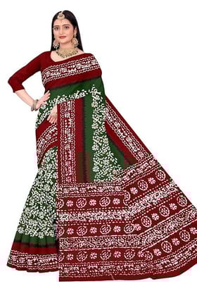 Traditional Batik Print Cotton Saree, Green and Maroon, Floral Pattern with Border