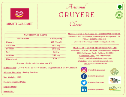 Mishti Gourmet Artisanal Gruyere Cheese 1KG Block