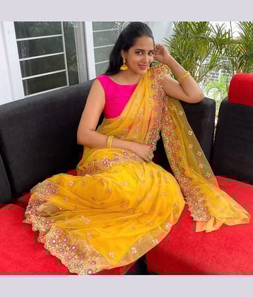 BYUPRI Net Embroidered Saree With Unstitched Blouse Piece ( Yellow )
