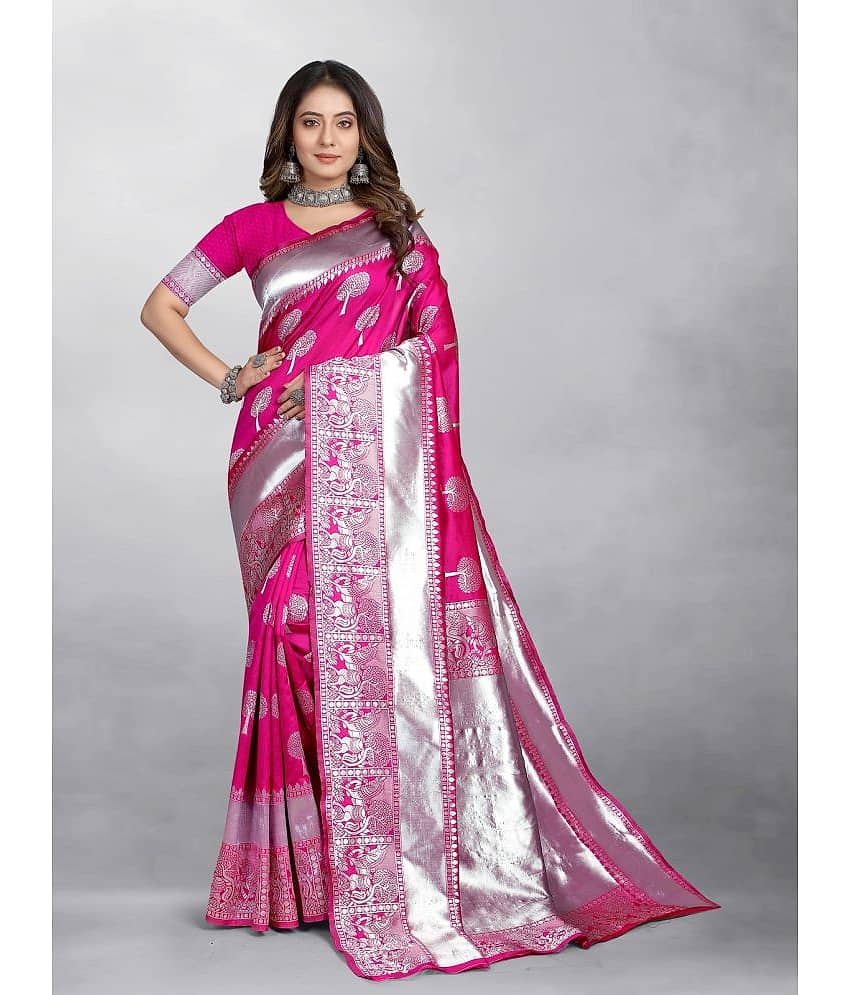 Gazal Fashions Banarasi Silk Embellished Saree With Unstitched Blouse Piece ( Navy Blue )