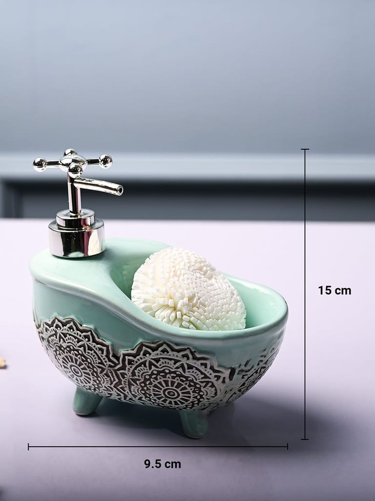 Ceramic Teal Green Bath Tub Shaped Soap Dispenser - Embossed Glossy Finish