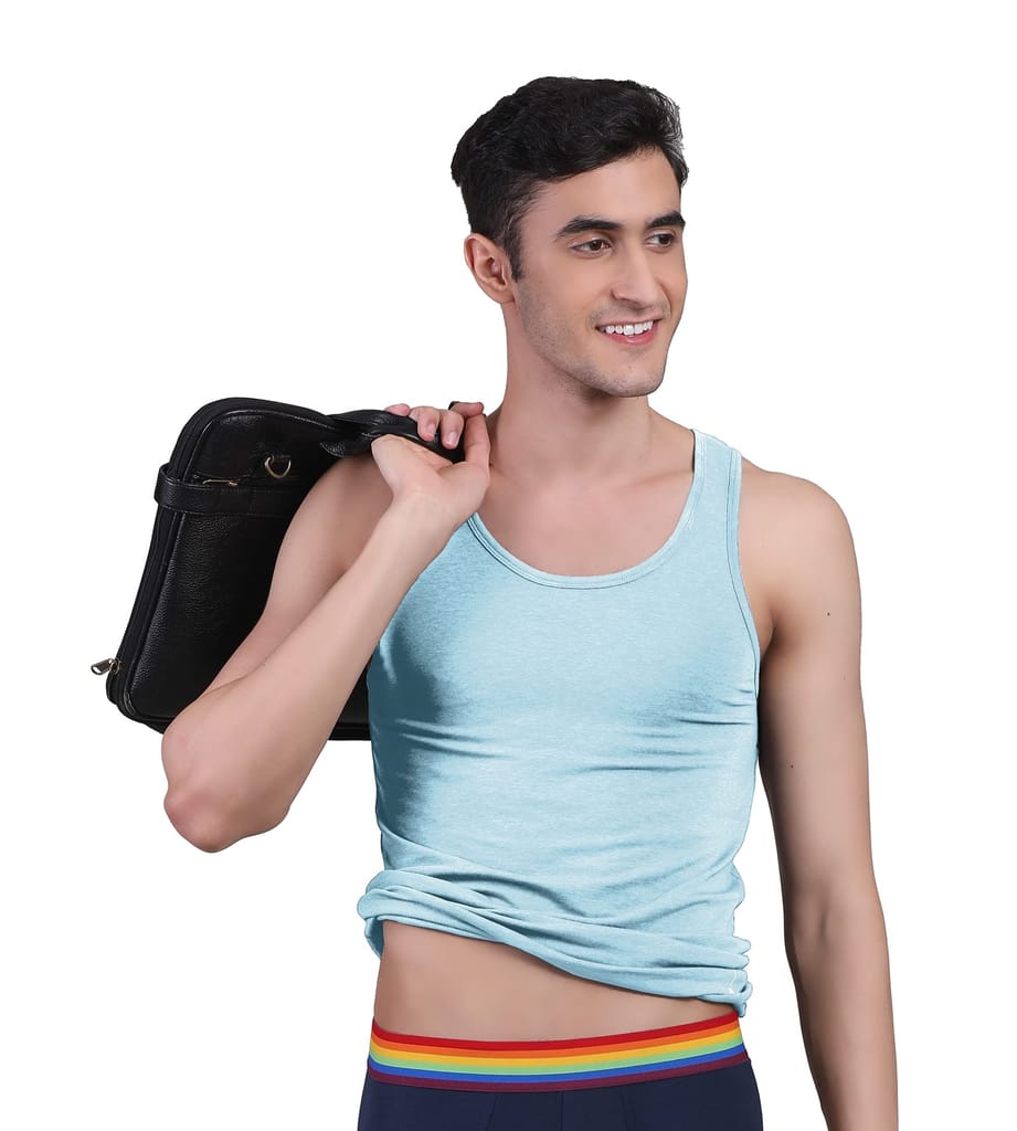 Freecultr Vest for Men | Bamboo Sleeveless, Super Soft Round Neck Gym Comfort Vest | Workout Regular Fit Innerwear | Breathable Sando with Long Hemline Pack of 1-Chalk Blue