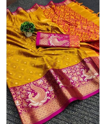 A TO Z CART Silk Blend Embellished Saree With Unstitched Blouse Piece ( Mustard )