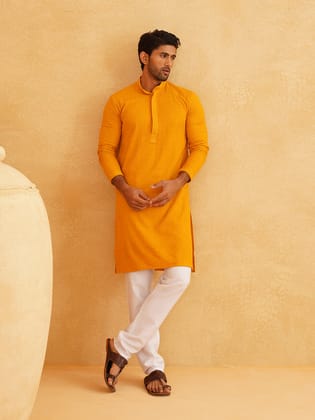 Men's Thread Work Cotton Straight Mustard Kurta With white churidar-36