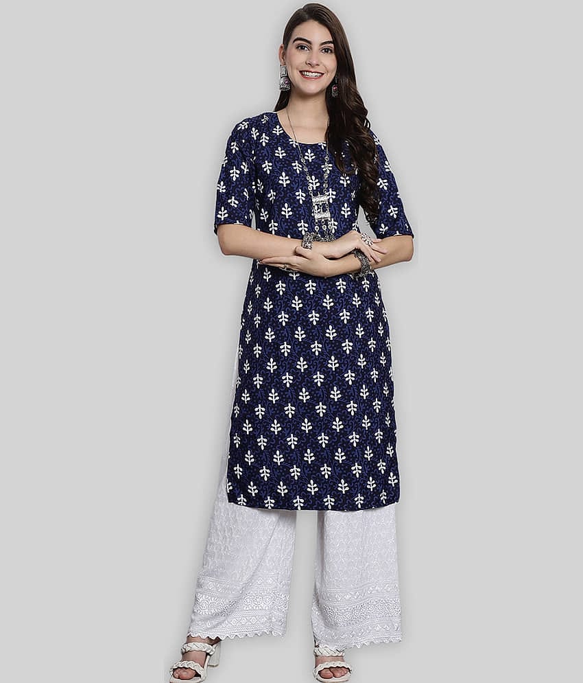 7Threads Crepe Printed Straight Women's Kurti - Blue ( Pack of 1 )