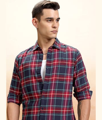 Highlander 100% Cotton Regular Fit Checks Full Sleeves Men's Casual Shirt - Navy Blue ( Pack of 1 )