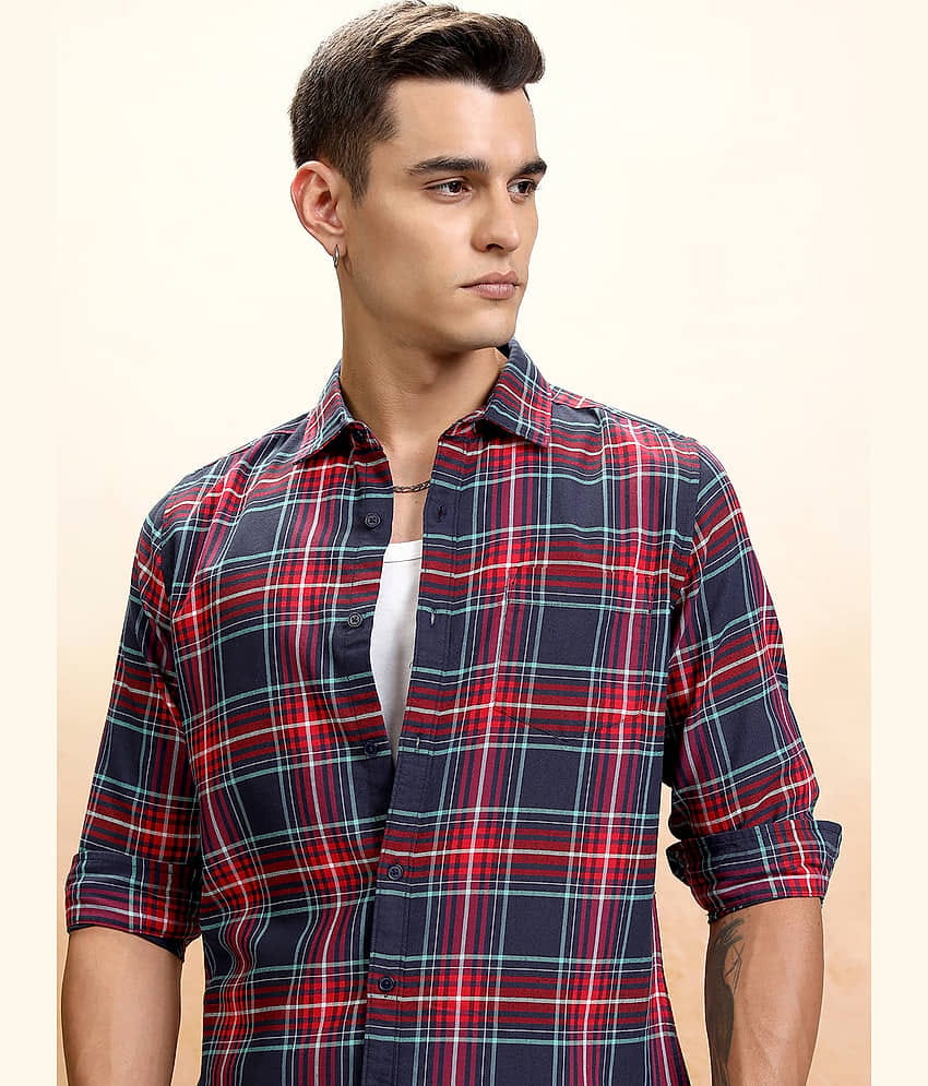 Highlander 100% Cotton Regular Fit Checks Full Sleeves Men's Casual Shirt - Navy Blue ( Pack of 1 )