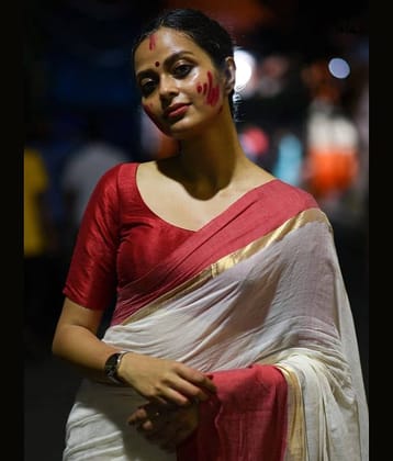 SARADA HANDLOOM Cotton Embellished Saree With Unstitched Blouse Piece ( White )