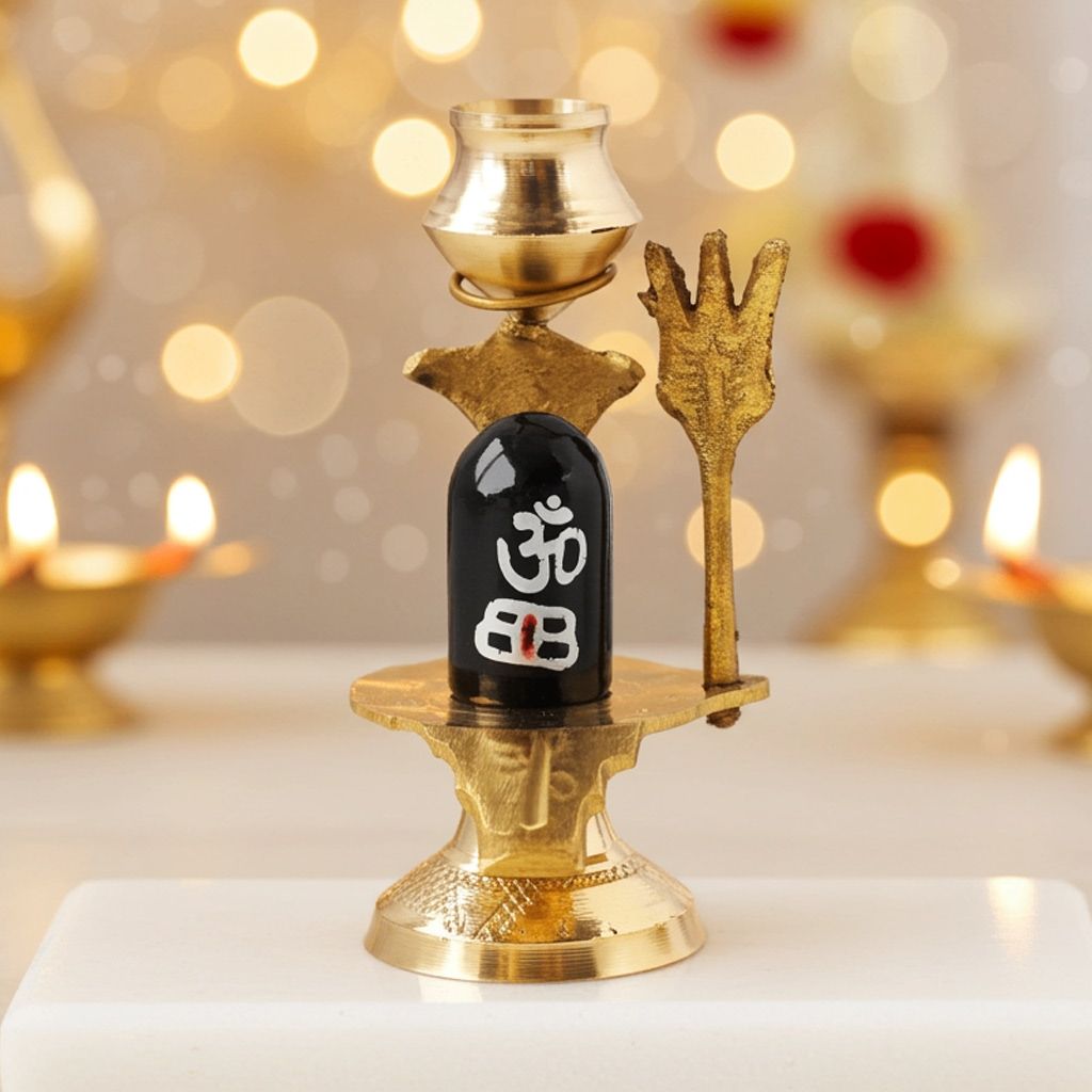 Brass Shivling With Black Stone � Size 0 Devotional Lingam, 4, Height : 4.3 Inch (ZMAS396 A)