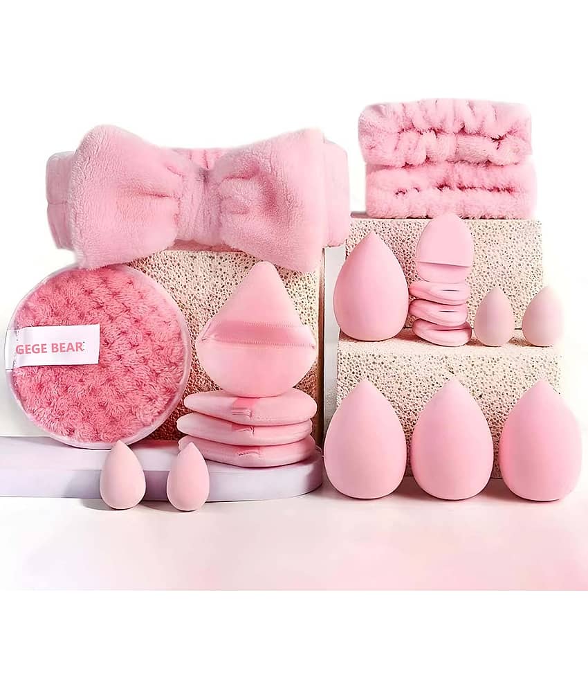 GEGE BEAR Pink Washable Beauty Blender Set with Headband and Wrist Bands, Soft SPA Accessories (Pack of 20)