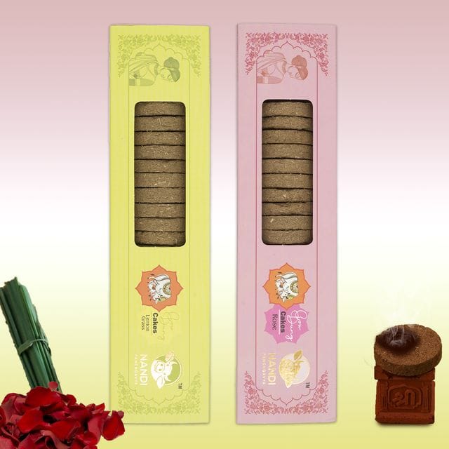 Nandi Air Purifier 100 Percent Desi Cow Dung Cake (42 Pcs) Plus 1 Tulsi Stand Lemongrass & Rose Fragrance