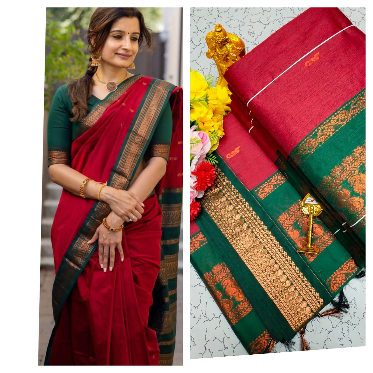 maroon/red Elegant Kalyani Cotton Saree with Contrast Border