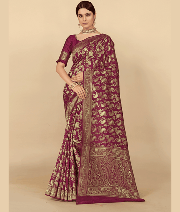 BLEESBURY Banarasi Silk Woven Saree With Unstitched Blouse Piece ( Maroon )