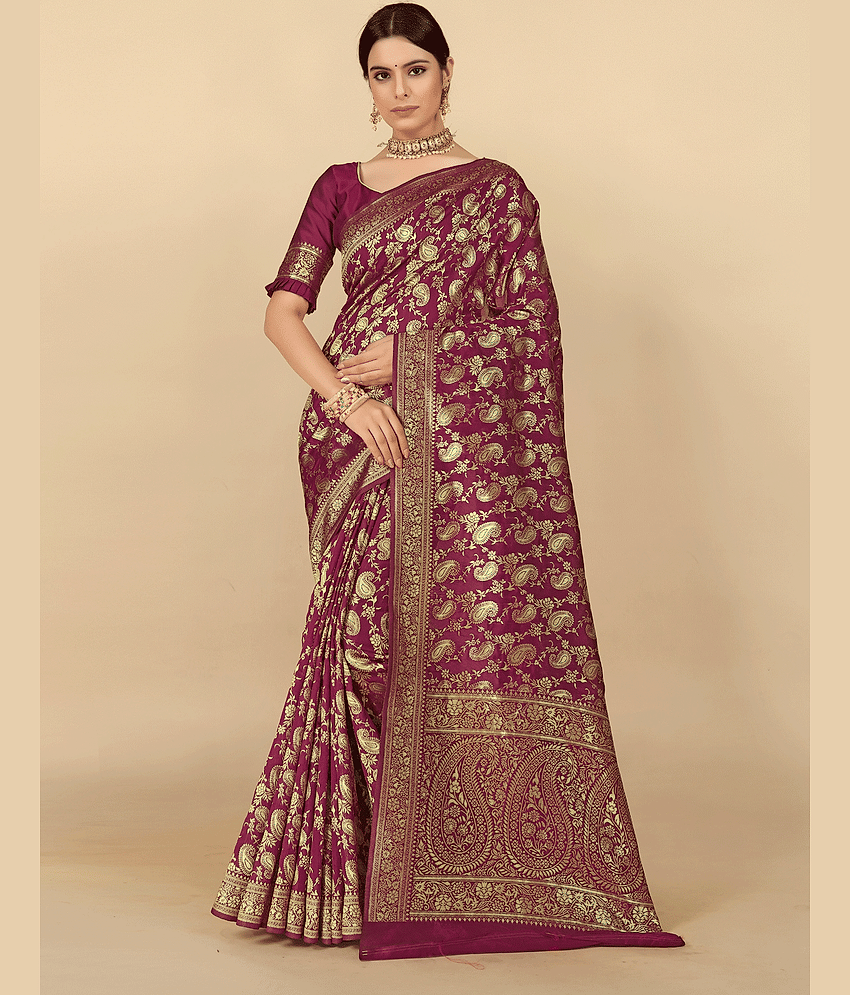 BLEESBURY Banarasi Silk Woven Saree With Unstitched Blouse Piece ( Maroon )