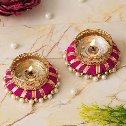 eCraftIndia Golden and Pink Decorative Tea Light Candle Holders (Set of 2)