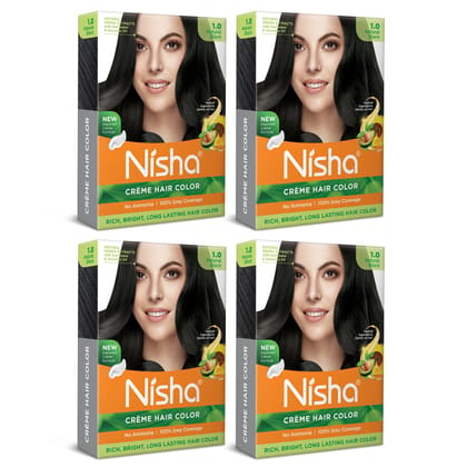 Nisha Creme Hair Color Natural Black 40gm Pack of 4, Permanent Hair Color for Women Men, No Ammonia, 100% Grey Coverage