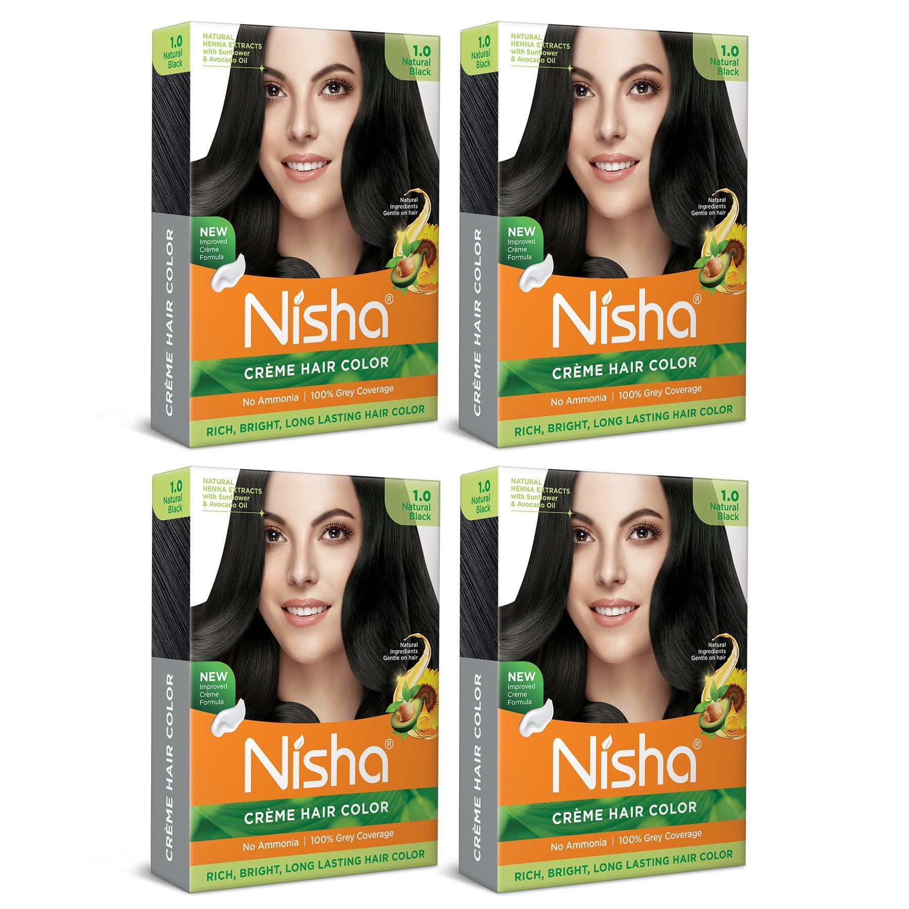 Nisha Creme Hair Color Natural Black 40gm Pack of 4, Permanent Hair Color for Women Men, No Ammonia, 100% Grey Coverage