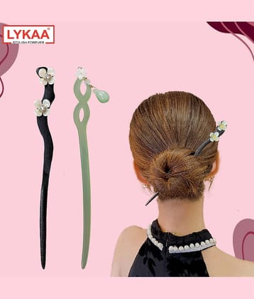 Lykaa Wooden Resin Juda Pin Hair Sticks Buns Hair Accessories for Women Girls - 2Pcs (Green/Black)