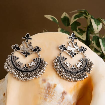 Silver Plated Floral &amp;Peacock Designed Enamel Artwork With Beads Fashion Antique Earring- AER 1624