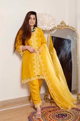 Sukh Yellow Silk Suit With Schiffli Detailing-3XL
