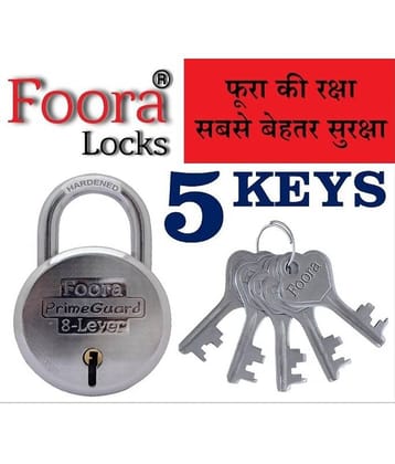 Foora PrimeGuard Round 65mm Steel Door Lock/Padlock with 5 Keys, Original Hardened Shackle, Double Locking Lock ( Silver )