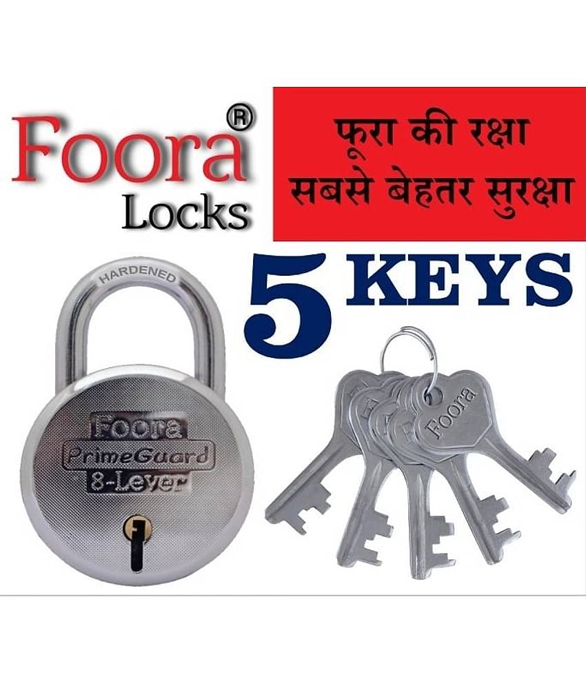 Foora PrimeGuard Round 65mm Steel Door Lock/Padlock with 5 Keys, Original Hardened Shackle, Double Locking Lock ( Silver )