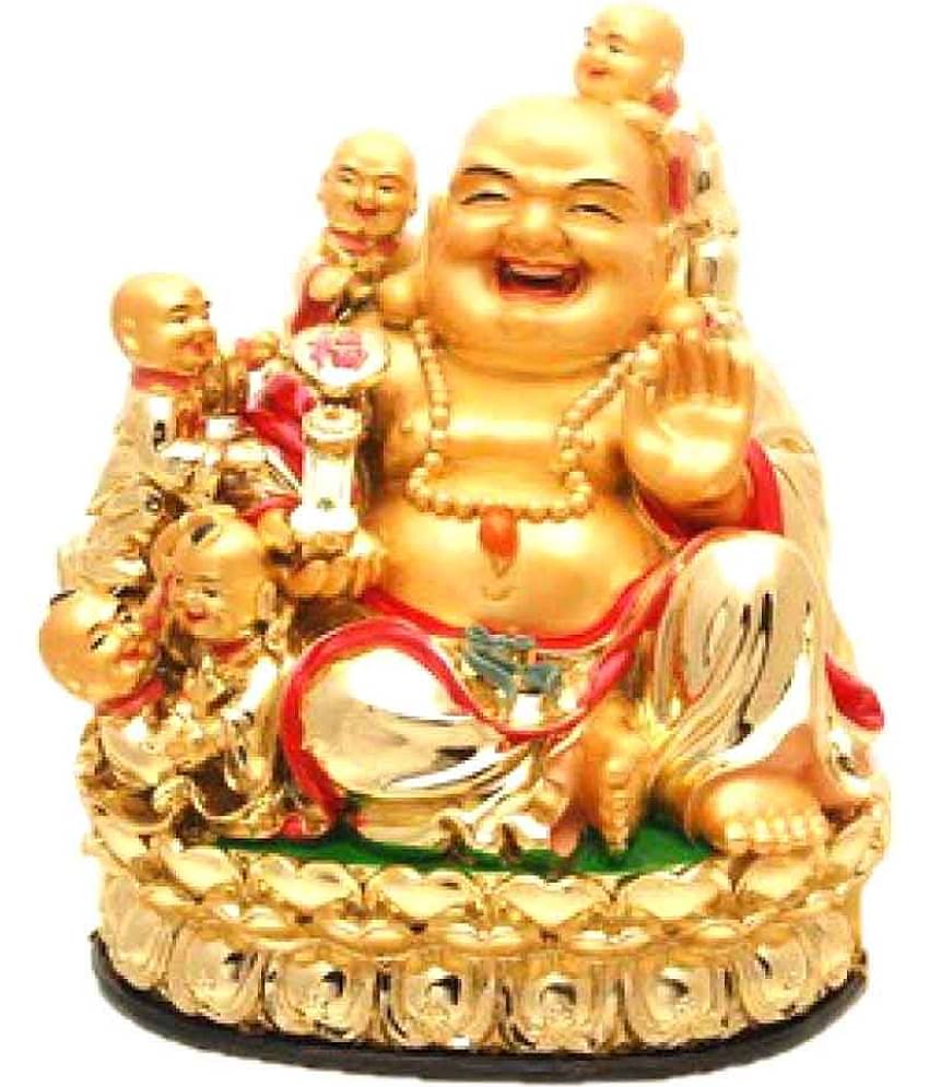 PAYSTORE Polyresin Fengshui Laughing Buddha With 5 Children For Wealth And Success Decorative Showpiece (6 Cm, Gold)