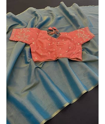 Gullak Art Silk Self Design Saree With Unstitched Blouse Piece ( Aqua Blue )