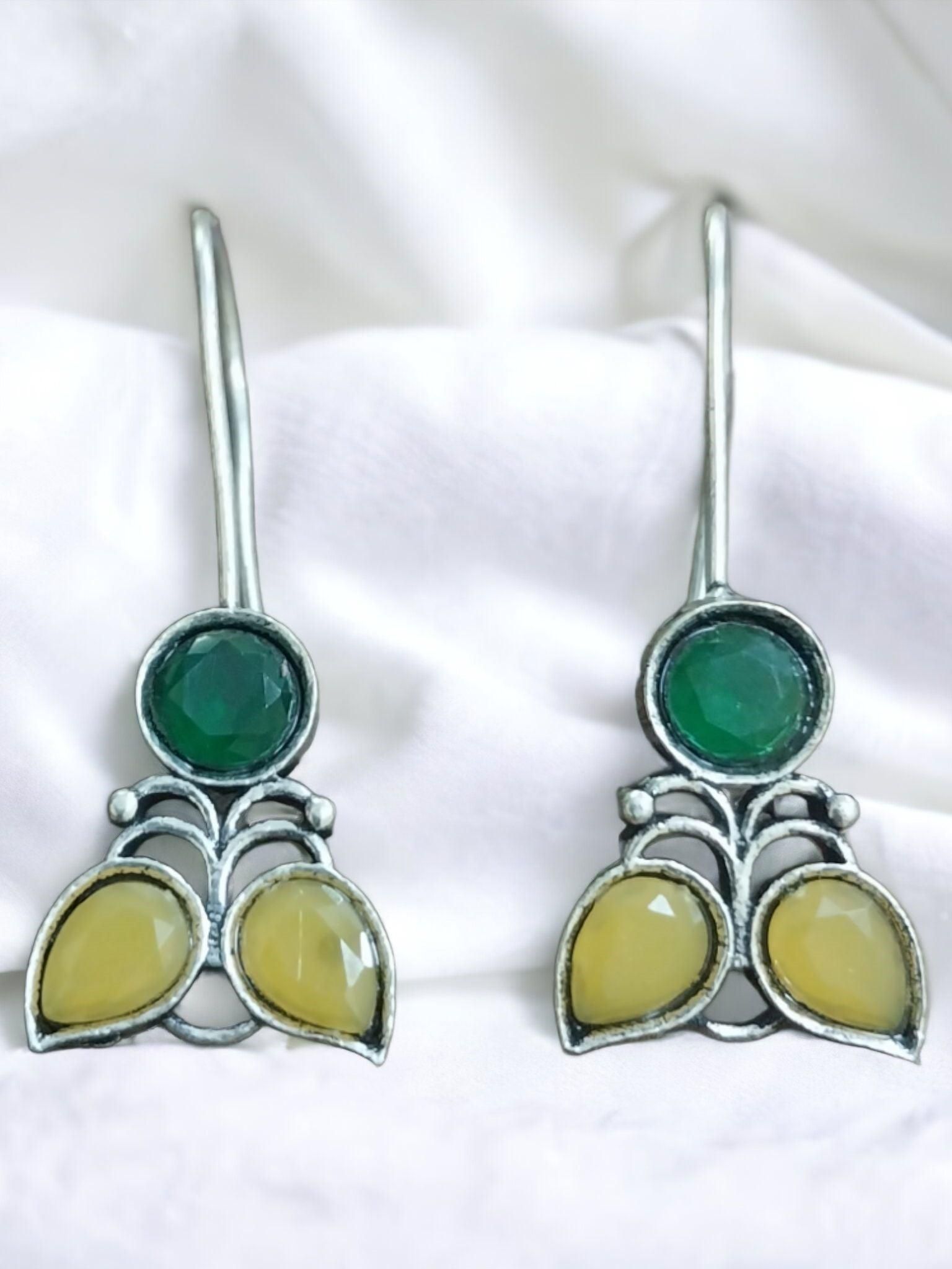 Vibrant Multicolor German Silver Hook Earrings for Daily Wear | Sarichka-Yellow+Green