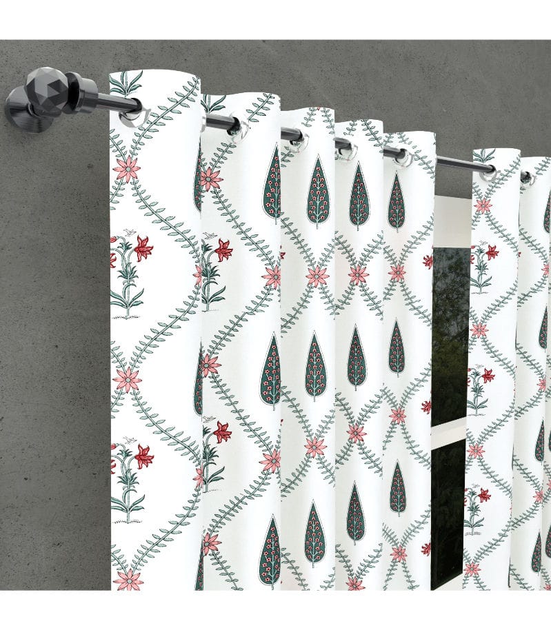 Madhuban Bloom Curtains Hand Block Print with Pink Florals & Green Leaves ( 5 Feet )