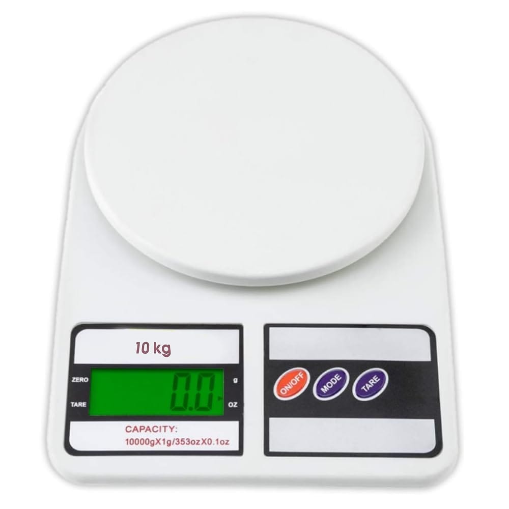 Digital Kitchen Food Weighing Scale For Healthy Living, Home Baking, Cooking, Fitness & Balanced Diet. | 1 Year Warranty | 10Kg x 1gms with 2 Batteries Included, SF400/A121, Color May vary