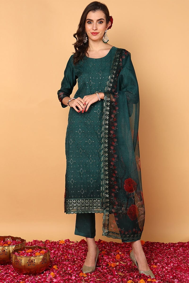 Plus Size Green Organza Floral Embroidered Straight Suit Set PKSKD2090