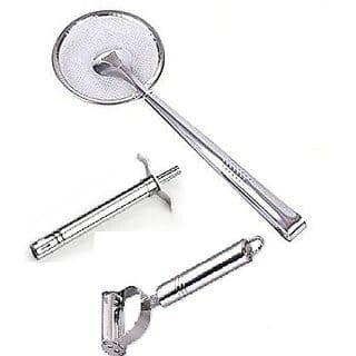 Stainless Steel 2 in 1 Multi-Functional Deep Fried Clip/Tong/Strainer With Free Kitchen Peeler and Gas Lighter