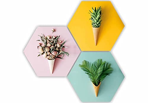 SAF Preety Floral Flower and Leaf in Cone Pot 3 Piece UV Textured Multi-Effect Self adheshive Painting 17 Inch X
