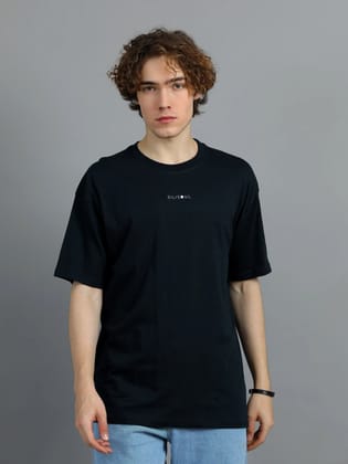 Men Black Brand Logo Solid Oversized T-Shirt-XS