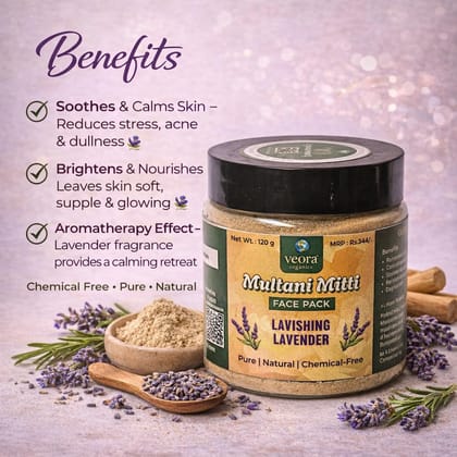 Veora Organics Vitamin E Rose Face Gel & Multani Mitti Lavishing Lavender Face Pack Combo | Hydrating Anti-Ageing Face Gel with Deep Cleansing Face Mask | Skin Brightening, Oil Control & Nourishing | Natural Skincare | 100g + 120g