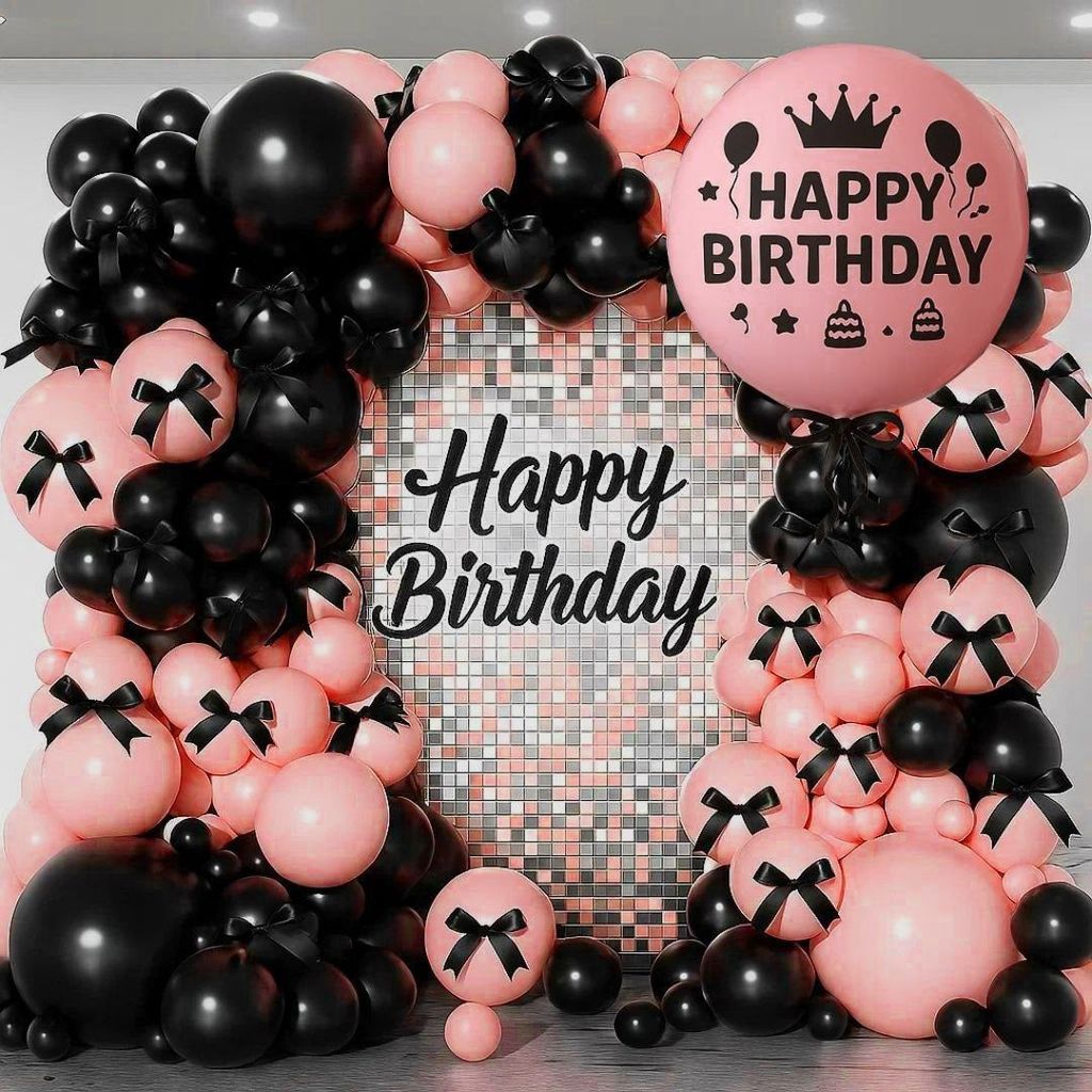 Happy Birthday Pink Balloons with Black Ribbon Combo Set - 22PC - Party and Festive Needs | Buy online on ZillyBuy