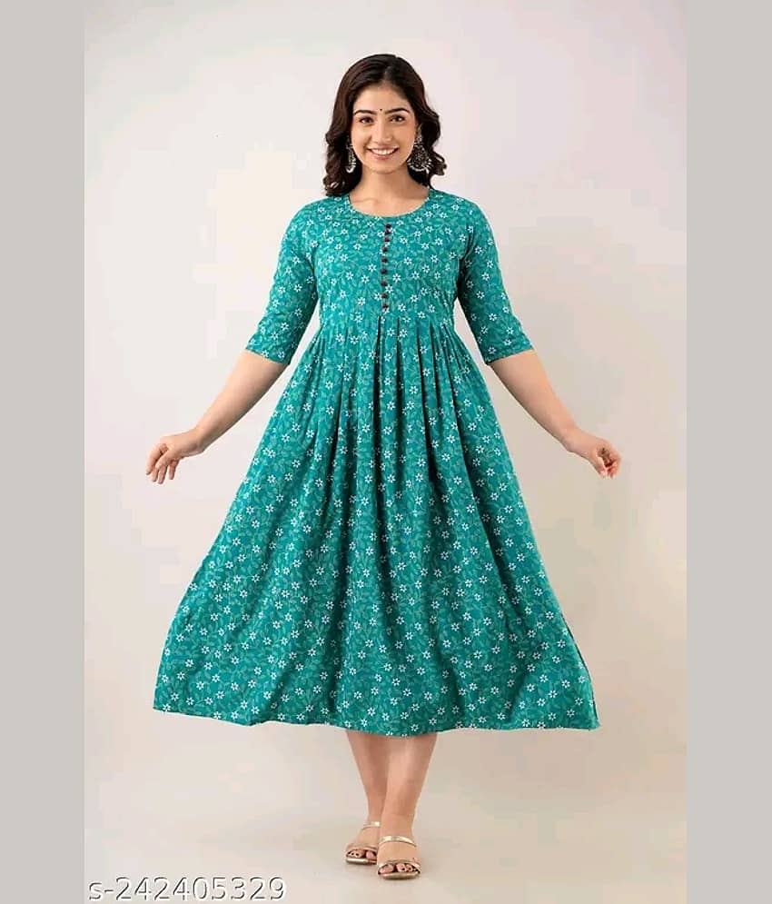 RIAANA Cotton Printed Flared Women's Kurti - Green ( Pack of 1 )