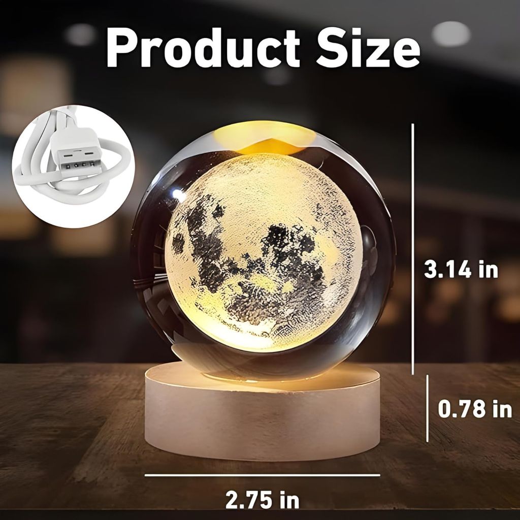 3D Moon Crystal Ball LED Night Lamp with Wooden Base - Home Decor Gift