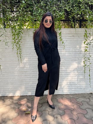 Fall Black Suede Front Slit Dress-M
