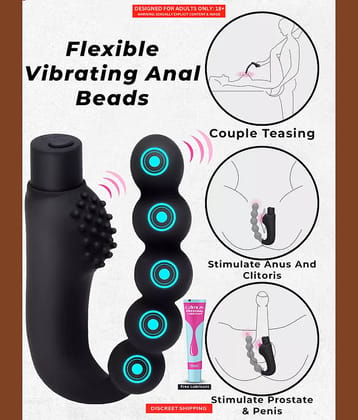 Black Vibrating Anal Beads Butt Plug Prostate Massager Flexible Silicone Anal Sex Toys for Men, Women and Couples With Free Lube - Naughty Nights