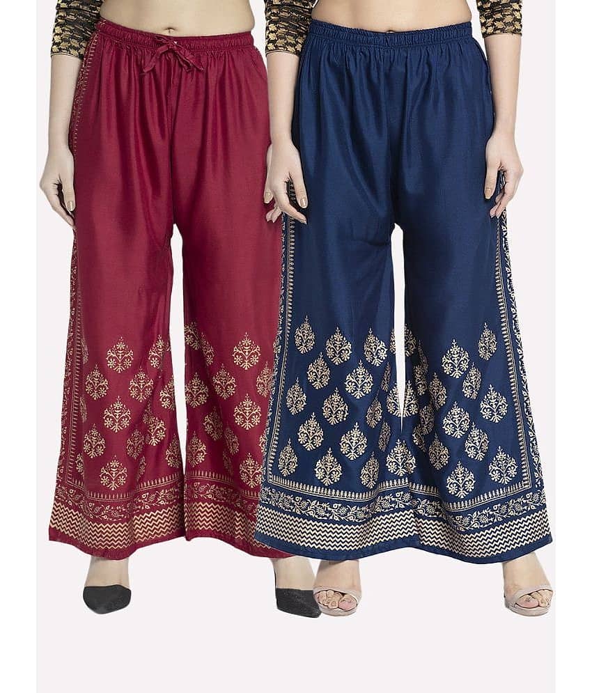 OMAYA - Navy Blue Rayon Flared Women's Palazzos ( Pack of 2 )